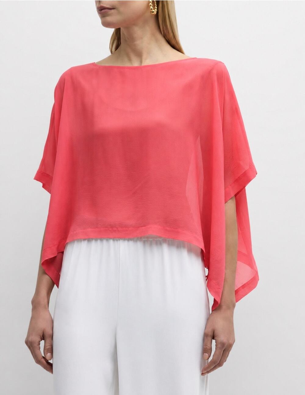 Eileen Fisher 100% Silk Coral Pink Poncho Top Blouse S/M NWOT